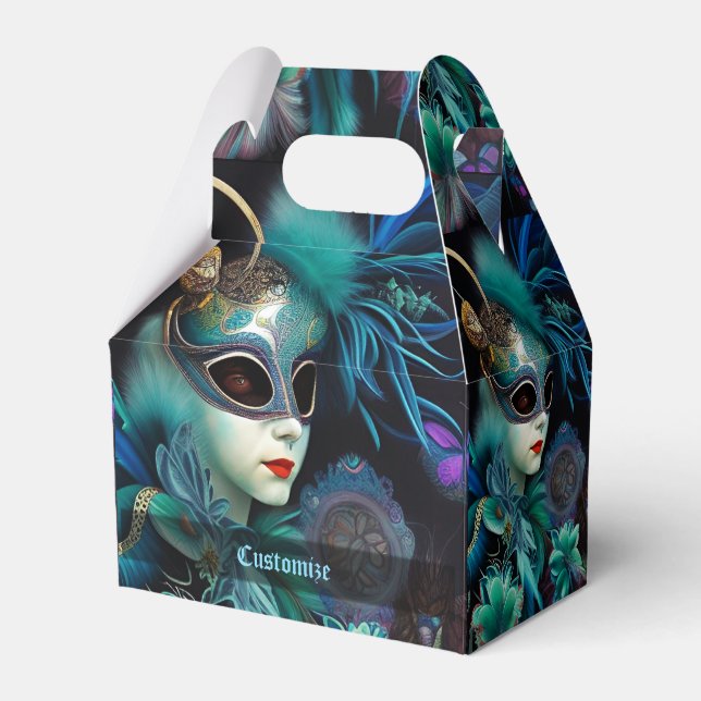 Madame Masquerade Teal Gable Favor Box (Front Side)