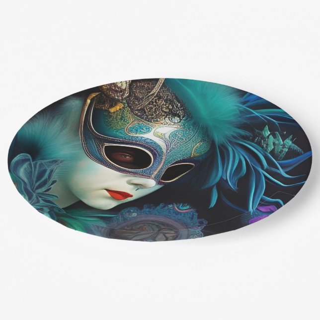 Madame Masquerade Teal  Paper Plate (Angled)