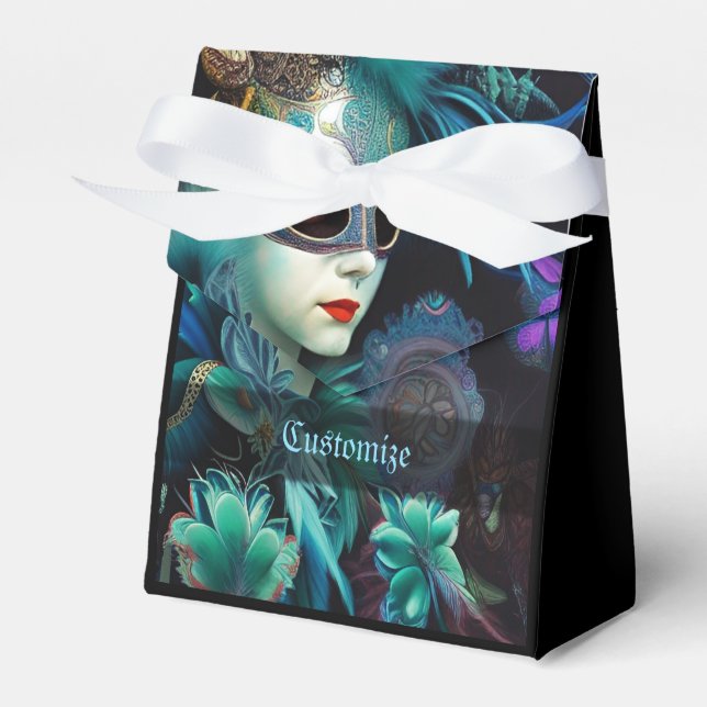 Madame Masquerade Teal Tent Favor Box (Front Side)