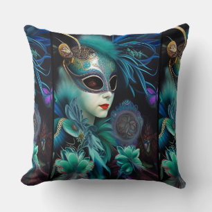 Madame Masquerade Teal  Throw Pillow