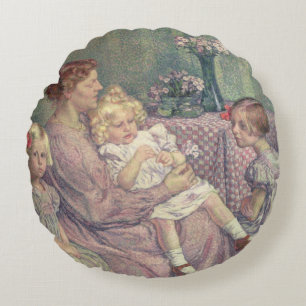 Madame van de Velde and her Children, 1903 Round Pillow