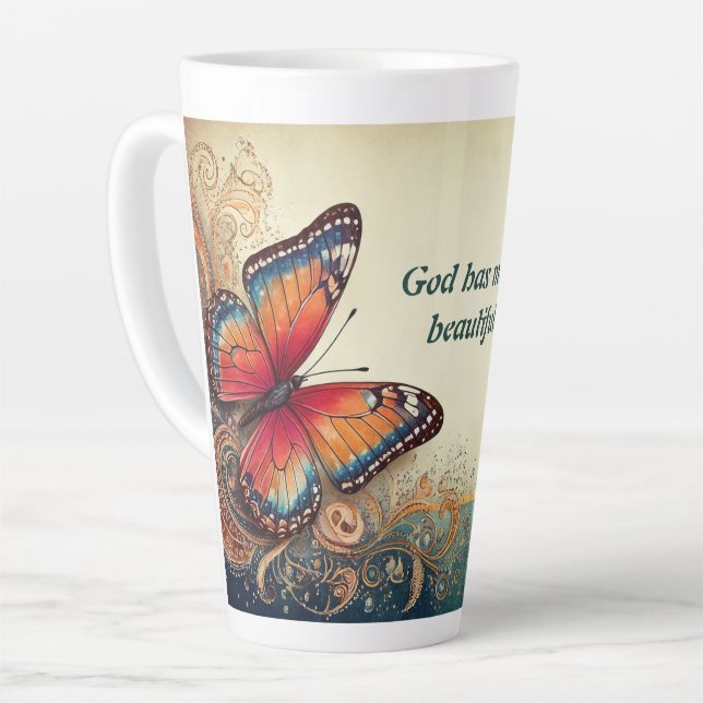 Made Beautiful Butterfly and Bible Verse Latte Mug (Left Angle)