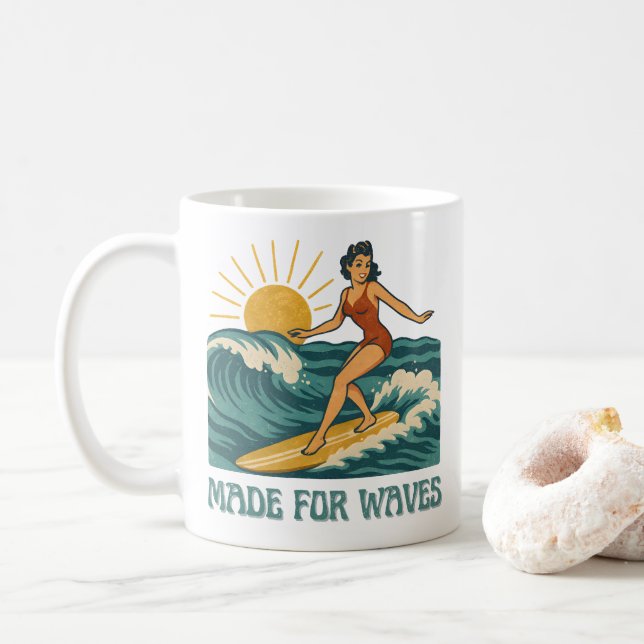Made For Waves Surfer - Retro Surfing Pin-Up Art Coffee Mug (With Donut)