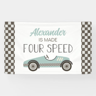 Made FOUR Speed Blue Race Car 4th Birthday Banner