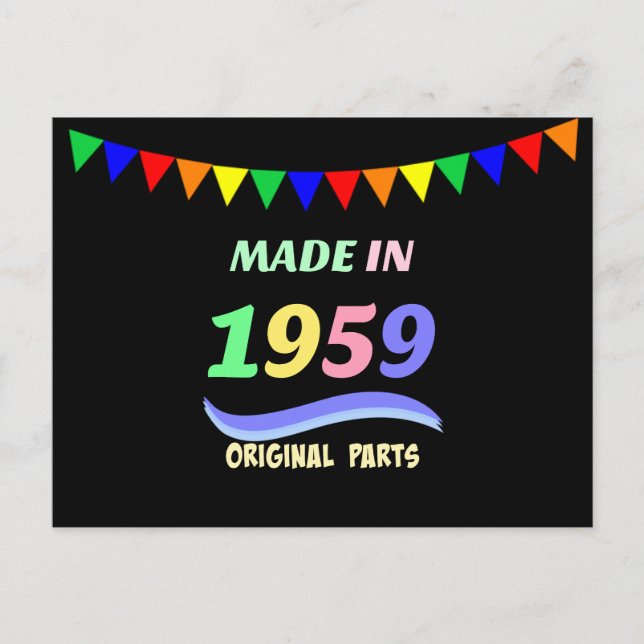 Made in 1959, colourful text design postcard (Front)