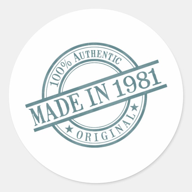 Made in 1981 Round Rubber Stamp Logo Birth Year Classic Round Sticker (Front)