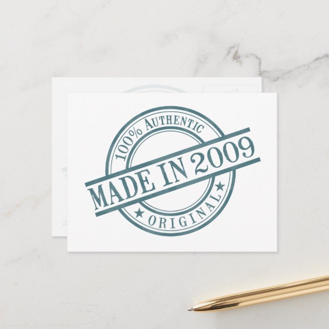Made in 2009 Birth Year Round Rubber Stamp Logo Postcard (Front/Back In Situ)