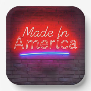 Made In America Neon Sign On Brick Paper Plate