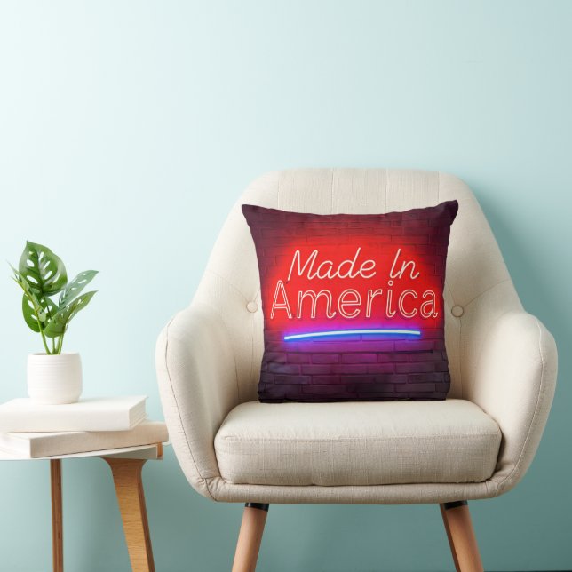 Made In America Neon Sign On Brick Throw Pillow (Chair)