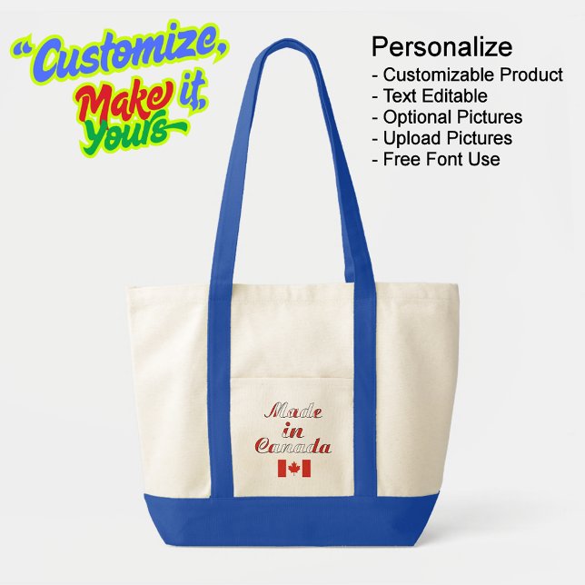 Made in Canada Natural & Blue Tote Bag (Made in Canada Natural & Blue Tote Bag - Personalize, Customizable & Text Editable.)