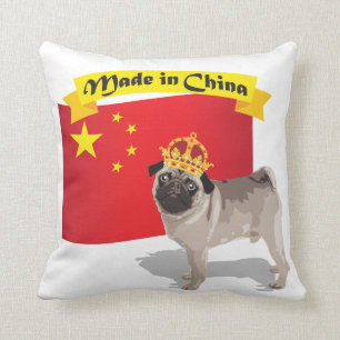 Made in China Pug with Crown and Flag Pillow