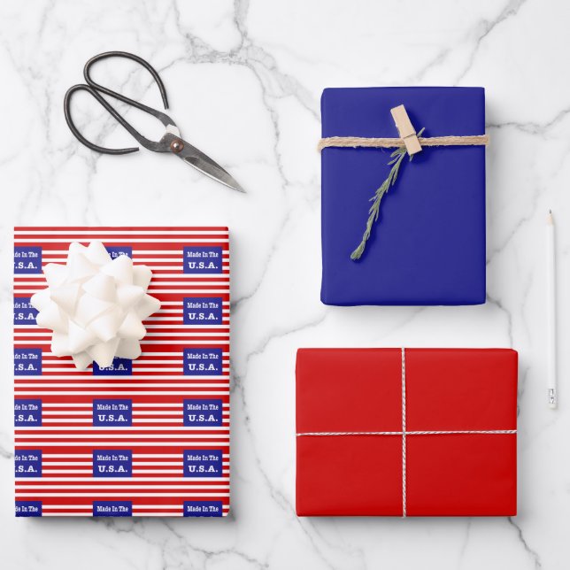 Made In The USA Red White And Blue American Flag Wrapping Paper Sheet (Front)