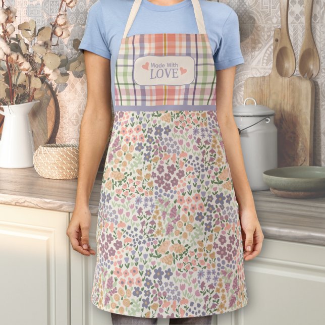 Made with Love Apron – Pastel Plaid & Blooms ("Made with Love" Floral Apron for Mom – Pastel Plaid & Blooms)