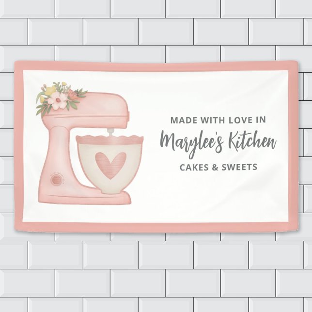 Made With Love Bakery Pastry Chef Banner (A pretty personalized pink bakery banner with a pink stand mixer.)