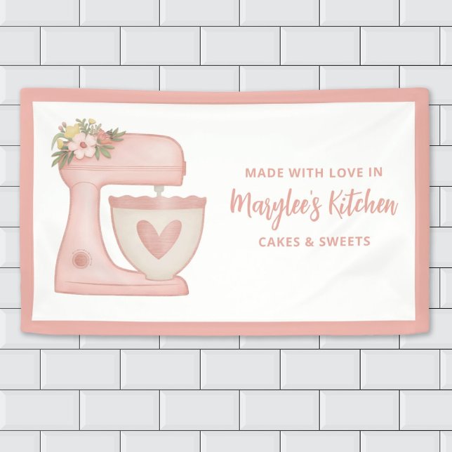 Made With Love Bakery Pastry Chef Banner (Cute pink Bakery banner featuring a stand mixer with flowers)