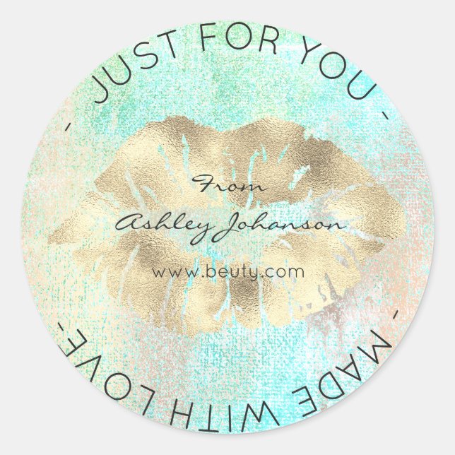 Made With Love Blue Gold Ocean Makeup Lips Kiss Classic Round Sticker (Front)