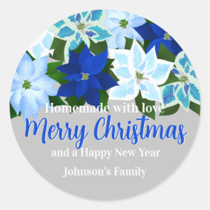 Made with Love - Blue Poinsettia Christmas Classic Round Sticker