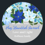 Made with Love - Blue Poinsettias Hanukkah Classic Round Sticker<br><div class="desc">Blue poinsettias Hanukkah classic round sticker with Made with Love - Chag Hanukkah Sameach - Love and Light - Personalize with your family name. You can change the background colour,  or the messages to say you own holiday greeting. Great stickers to close your Hanukkah gifts.</div>