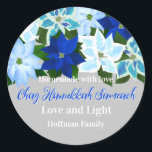 Made with Love - Blue Poinsettias Hanukkah Classic Round Sticker<br><div class="desc">Blue poinsettias Hanukkah classic round sticker with Made with Love - Chag Hanukkah Sameach - Love and Light - Personalize with your family name. You can change the background colour,  or the messages to say you own holiday greeting. Great stickers to close your Hanukkah gifts.</div>
