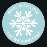 Made with Love Christmas Snowflake Sticker<br><div class="desc">A simple blue and white snowflake sticker with the greeting,  Made with love.  Personalize it with your family name. Fun for your homemade or handmade Christmas neighbour treats and gifts. Designed for you by Blackberry Boulevard.</div>