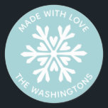 Made with Love Christmas Snowflake Sticker<br><div class="desc">A simple blue and white snowflake sticker with the greeting,  Made with love.  Personalize it with your family name. Fun for your homemade or handmade Christmas neighbour treats and gifts. Designed for you by Blackberry Boulevard.</div>