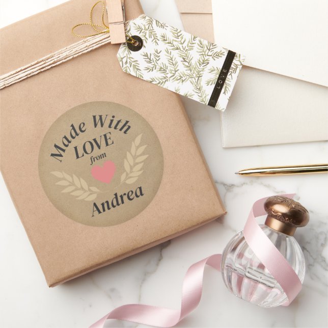 Made with Love Custom Name Classic Round Sticker (Gifting)