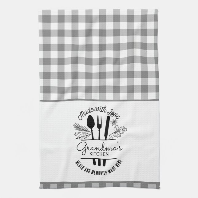 Made With Love Custom Name Grey Buffalo Plaid Kitchen Towel (Vertical)