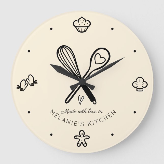 Made With Love Cute Baking Whisk Pale Yellow Large Clock (Front)