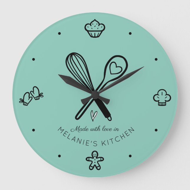 Made With Love Cute Baking Whisk Teal Blue Large Clock (Front)