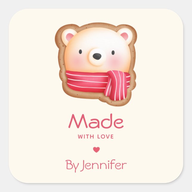 Made with Love Cute Bear Face in a Red Scarf Square Sticker (Front)