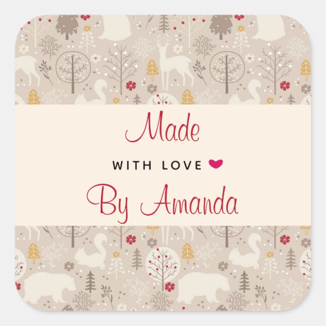 Made with Love Cute Forest Animals Nordic Pattern Square Sticker (Front)