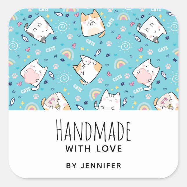 Made with Love Cute Kitty Cat Pattern Whimsical Square Sticker (Front)