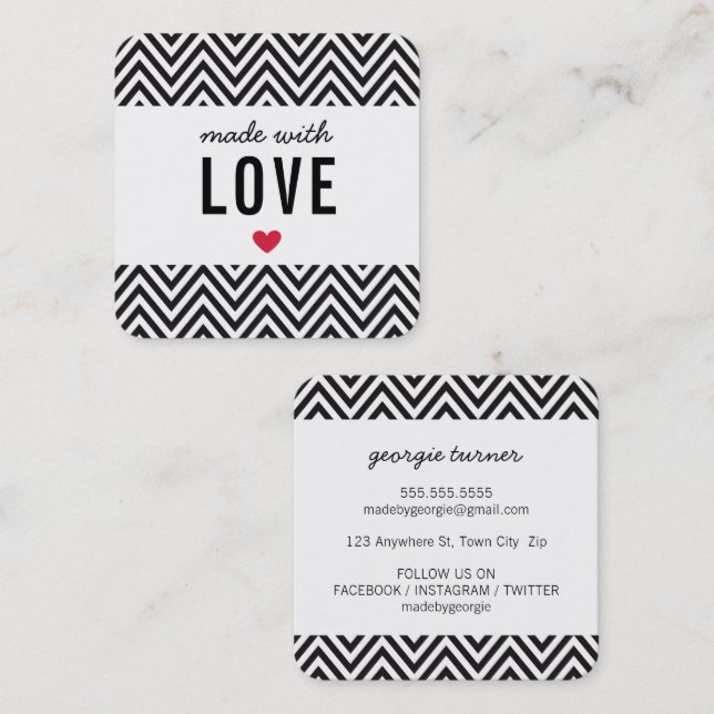 MADE WITH LOVE cute packaging chevron] black white Square Business Card (Front/Back)