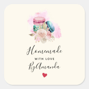 Made with Love Elegant Macarons in Watercolor Square Sticker