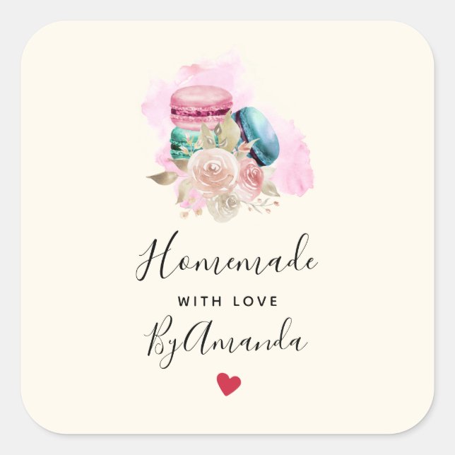Made with Love Elegant Macarons in Watercolor Square Sticker (Front)
