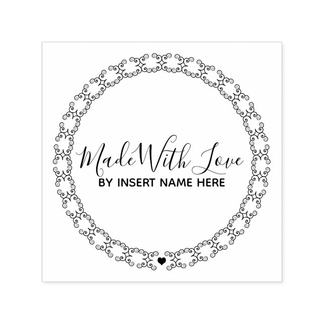Made with love filigree border round heart self-inking stamp (Design)