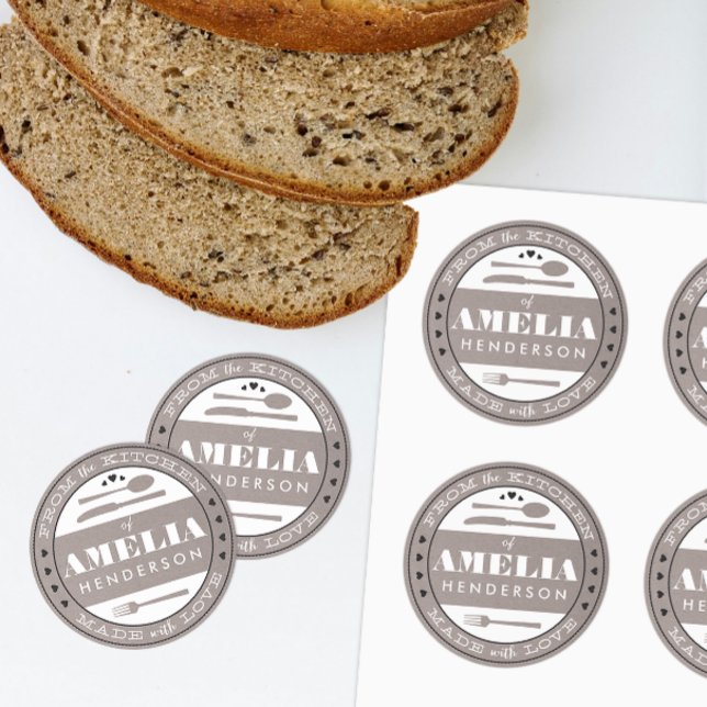 Made With Love Food Gift Sticker grey kraft (custom homemade treats gift sticker from the kitchen and made with love)