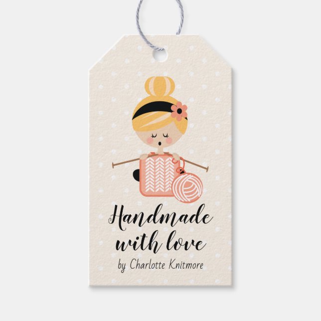 Made with Love Gift Tag Knitting Girl Blonde (Front)