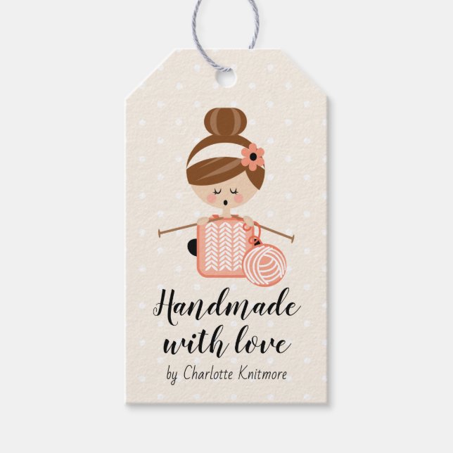 Made with Love Gift Tag Knitting Girl Brunette (Front)