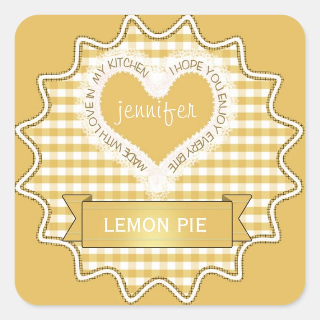 Made With Love Gingham Yellow Square Sticker (Front)