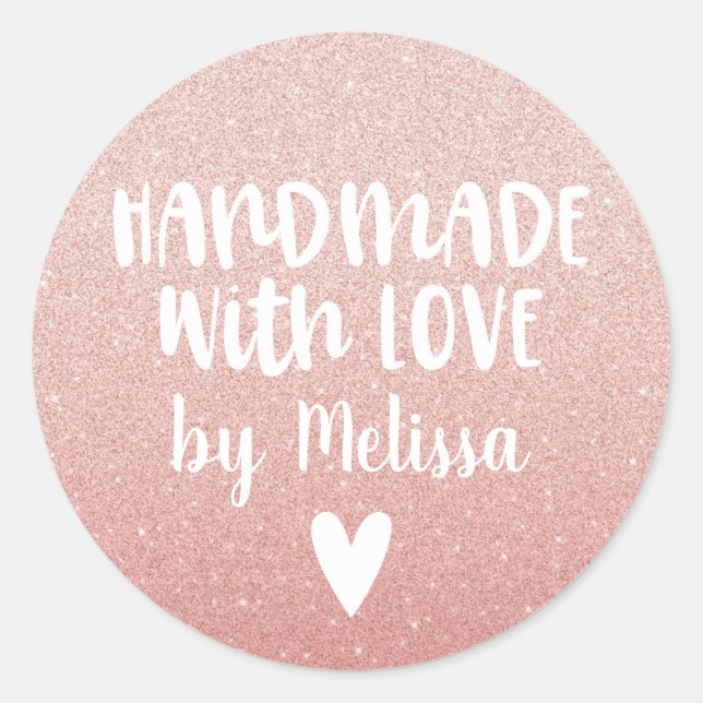 Made with Love Girly Pink Glitter Classic Round Sticker (Front)