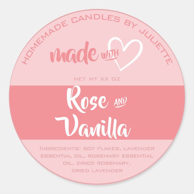Made with Love Heart Candles Packaging Rose Pink Classic Round Sticker (Front)