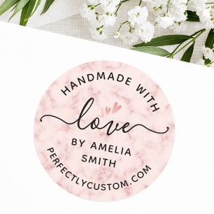 Made with love heart name URL blush pink marble Classic Round Sticker