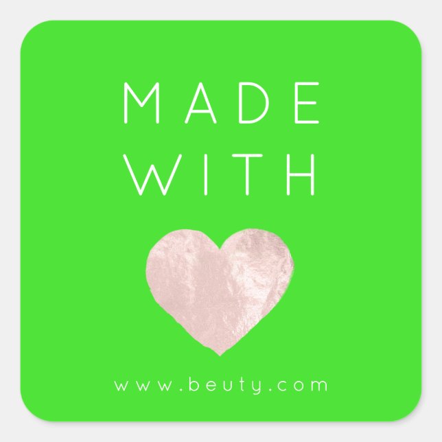 Made With Love Heart Pink Web Name Bright Green Square Sticker (Front)