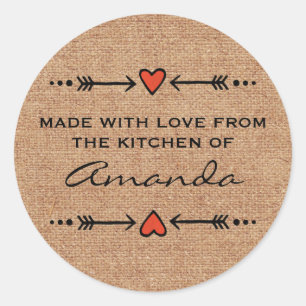 Made with Love Hearts Arrows Kitchen Burlap Classic Round Sticker