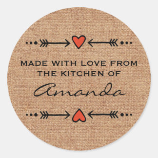 Made with Love Hearts Arrows Kitchen Burlap Classic Round Sticker