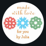 "Made With Love" holiday gift label<br><div class="desc">Cute,  classy gift label for the holidays,  featuring kids' snowflake cutouts.  Perfect for any homemade gift,  from a tin of cookies to a hand-knit scarf.  Personalize in a flash by replacing our sample name with yours.  Creators give half their proceeds to children's charities.</div>