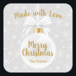 Made with Love Homemade Christmas Ornaments Food Square Sticker<br><div class="desc">Create stickers to label your Christmas holiday homemade goods,  cookies,  candy,  treats,  party favours and more featuring elegant white Christmas tree ornaments on a light grey background filled with snowflakes.</div>