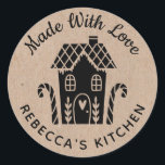 Made With Love Kraft Christmas Baking Classic Round Sticker<br><div class="desc">A personalized "made with love" sticker featuring a cute little gingerbread house with a heart and the words,  made with love on a kraft coloured background. Personalize it by adding your own name. A pretty finishing touch for all of your homemade gifts. Designed for you by Blackberry Boulevard.</div>