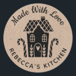 Made With Love Kraft Christmas Baking Classic Round Sticker<br><div class="desc">A personalized "made with love" sticker featuring a cute little gingerbread house with a heart and the words,  made with love on a kraft coloured background. Personalize it by adding your own name. A pretty finishing touch for all of your homemade gifts. Designed for you by Blackberry Boulevard.</div>